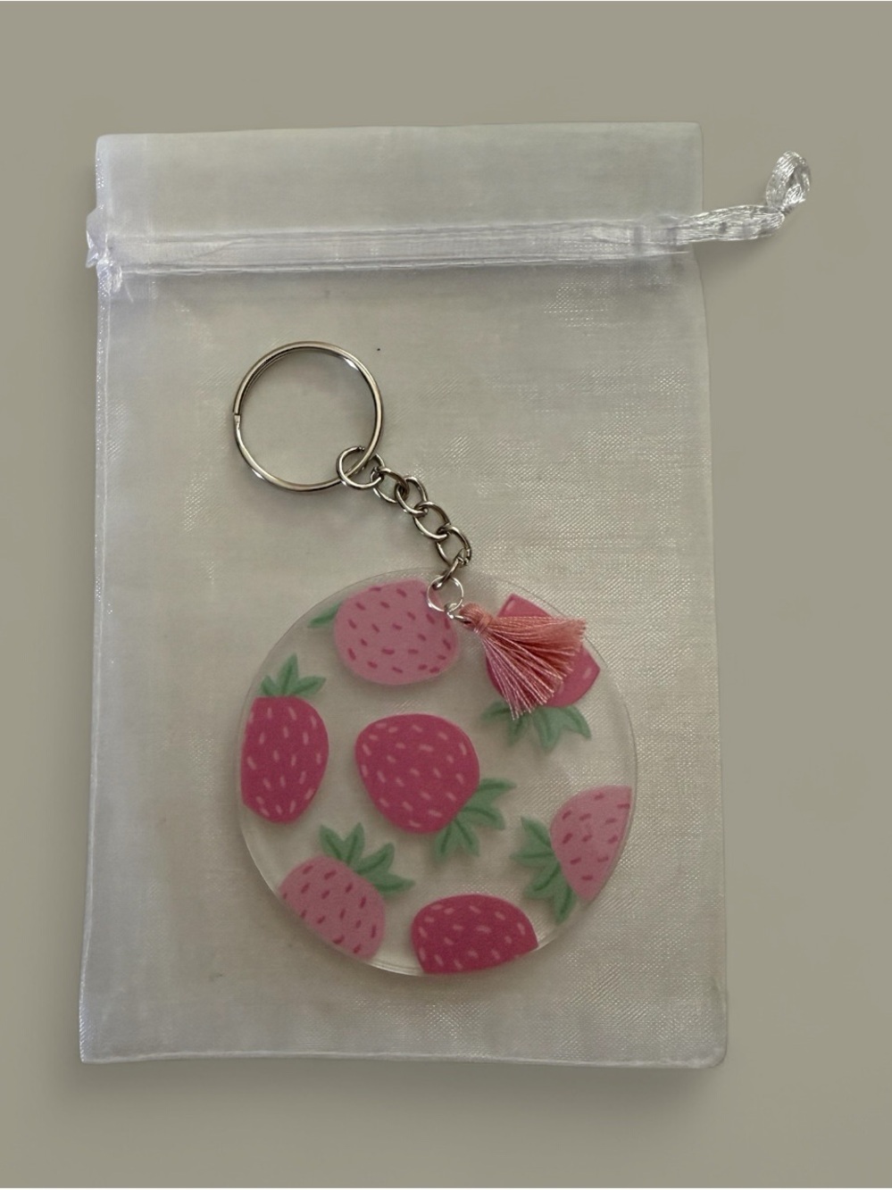 Pink Strawberry Acrylic Keychain with Tassel